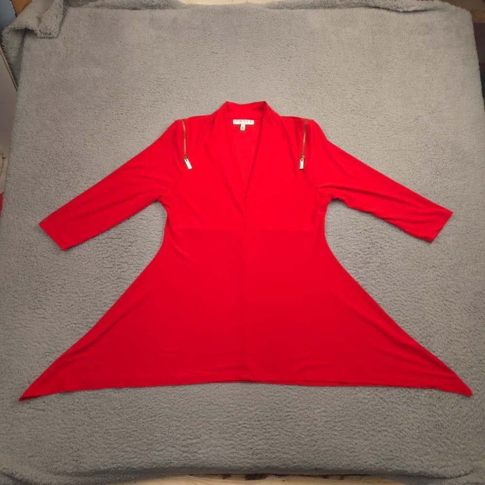 Chaus New York Womens Drape Cardigan Red M 3/4 Sleeve Zip Shoulder Asymmetrical